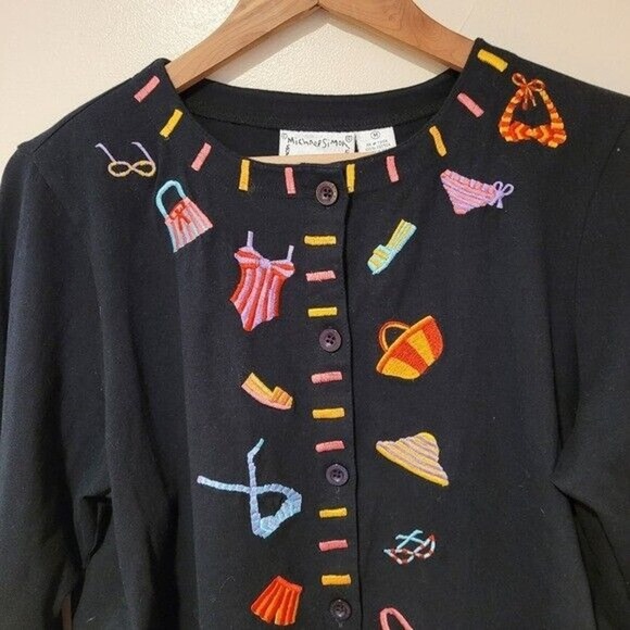 Michael Simon Lite Womens Embroidered Cardigan Size M Shoe Purse Print Artsy - Picture 2 of 9